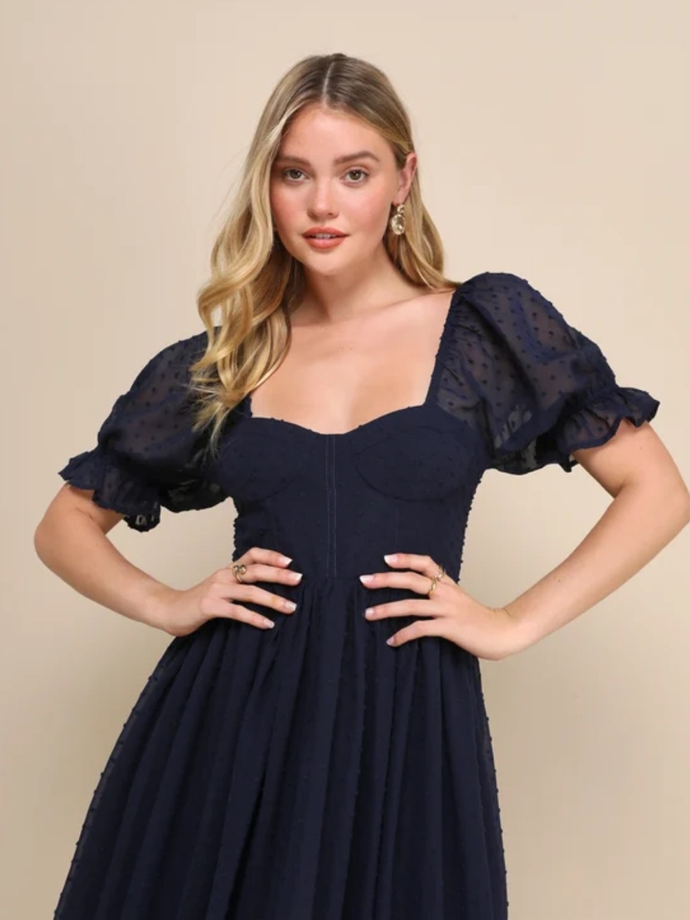 NWT Lulus Flawless Elegance Navy Swiss Dot Puff Sleeve Bustier Midi Dress L - Picture 2 of 16